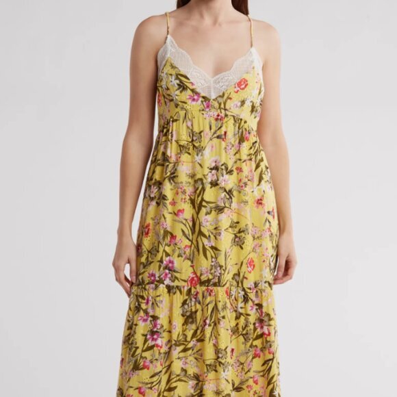 NWT Lovestitch Women's Floral Tiered Slip Maxi Dress Yellow/White Lace Back Sz S - Picture 8 of 9